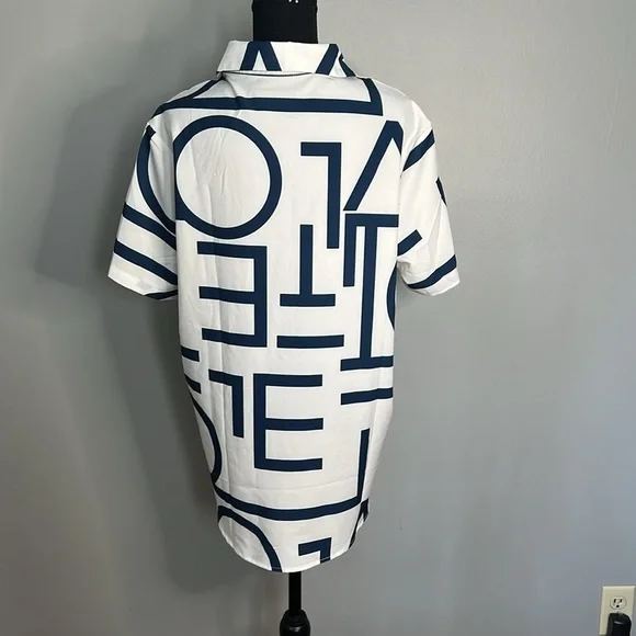 Mens Letter Graphic Casual Button Down Shirt White/Navy Blue - Picture 2 of 2